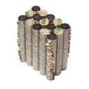 a stack of coins sitting on top of a white table