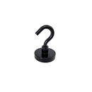 32mm black epoxy pot magnet with its M6 hook screwed in, standing upright
