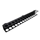 Bare 400mm black steel tool rail at an angle, showing all 14 holes through the top and bottom faces