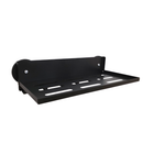 Black magnetic folding shelf with the slotted shelf lowered, rubber magnet base visible behind