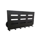Magnetic folding shelf with the shelf folded flat against the slotted back plate, six hooks along the bottom