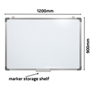 Dimension diagram of the 1200mm x 900mm whiteboard, marking the width, height and marker storage shelf