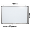 Dimension diagram of the 1500mm x 1000mm whiteboard, marking the width, height and marker storage shelf