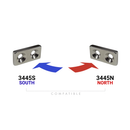 25mm x 12.5mm x 4mm countersunk block magnets, 3445N north and 3445S south, shown as a compatible matched pair