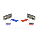 30mm x 15mm x 4mm countersunk block magnets, 3448N north and 3448S south, shown as a compatible matched pair
