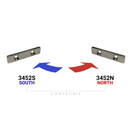 40mm x 9mm x 3mm countersunk block magnets, 3452N north and 3452S south, shown as a compatible matched pair