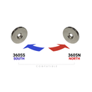 OD 35mm x H 5mm countersunk ring magnets, 3605N north and 3605S south, shown as a compatible matched pair
