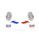 OD 38mm x H 5mm countersunk ring magnets, 3613N north and 3613S south, shown as a compatible matched pair