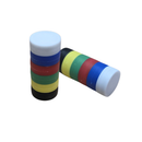 Rainbow 6 pack of 16mm x 6mm plastic coated neodymium disc magnets, one each in black, blue, green, red, white and yellow