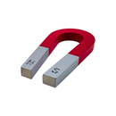 75mm x 38mm Alnico horseshoe magnet, red painted with polished N and S marked pole faces, angled view