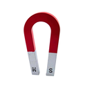 75mm x 38mm Alnico horseshoe magnet standing upright, red painted with N and S marked poles