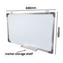 Dimension diagram of the 600mm x 400mm whiteboard, marking the width, height and marker storage shelf
