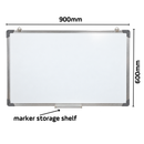 Dimension diagram of the 900mm x 600mm whiteboard, marking the width, height and marker storage shelf