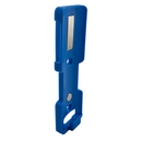 Blue magnetic spray can holder at an angle, showing the moulded body and retaining lip