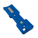 Blue magnetic spray can holder from the back, showing the bar magnet, round magnet and two screw holes