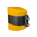 Yellow retractable barrier housing retracted, showing the magnetic mounting plate on the back