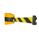 Magnetic retractable safety barrier with the yellow and black hazard stripe belt extended from its yellow housing
