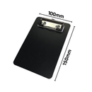 Black mini magnetic clipboard with its dimensions marked, 100mm wide by 150mm tall