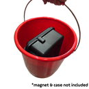 Fishing magnet carry case sitting inside the red bucket, showing the case fits for transport