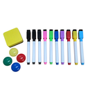 Whiteboard marker kit with ten magnetic markers, four coloured magnet buttons and a magnetic eraser