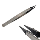 Two pairs of tweezers, one silver and one black, on a white background.